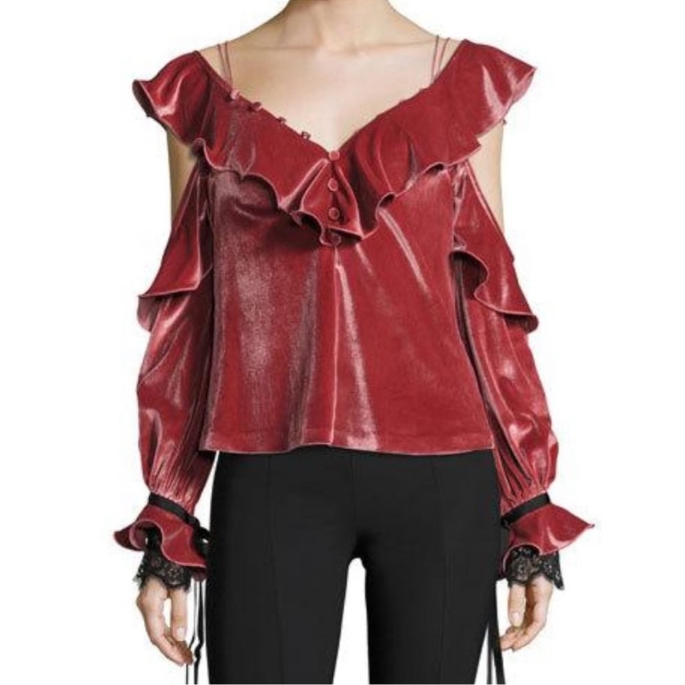 Self portrait Velvet Off The Shoulder wine color‎ Frill Top . Size 6